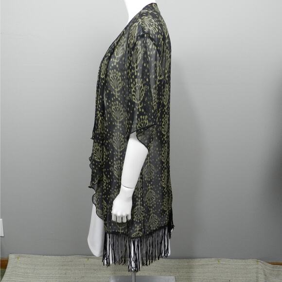 LuLaRoe Monroe Kimono Sheer Fringe Swim Cover Up Size S Black Beige Batik - Picture 5 of 12